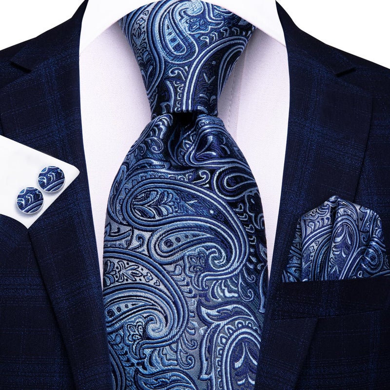 Hi-Tie Silk Paisley Ties for Men Necktie Pocket Square Cufflinks Set Foral Tie Sets Formal Business,Blue - Image 3